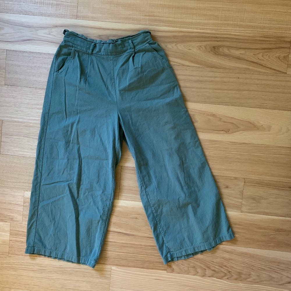 Petite High Waisted Wide Leg Cotton Pant w/ Partial Elastic Waistband 22" Inseam